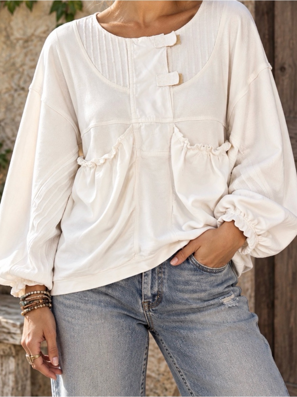 Jag Activeforce Vintage 90’s Cream Cotton Peasant Blouse w Ruffle Pockets - Sz M